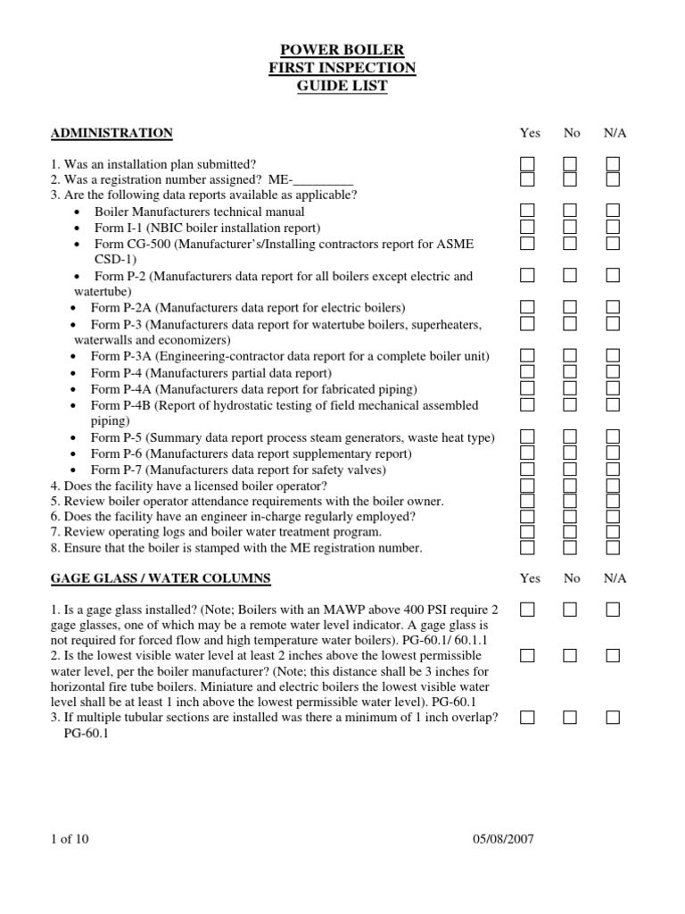 Power Boiler First Inspection Checklist PDF
