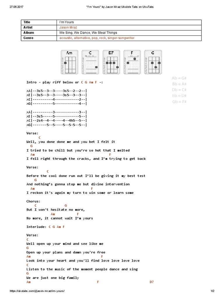 I'm Yours by Jason Mraz Ukulele Tabs On UkuTabs PDF Song