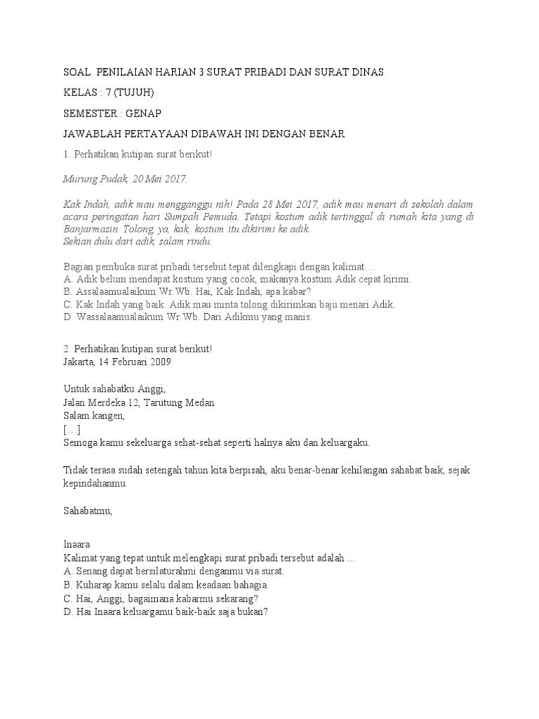 Soal Penilaian Harian 3 Surat Pribadi Dan Surat Dinas