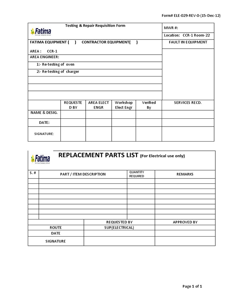 029-Testing & Repair Requisition Form | PDF | Technology & Engineering