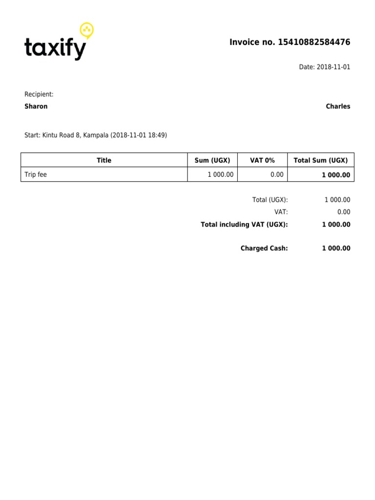 Bolt Taxi Invoice - Kampala, 2018 | PDF