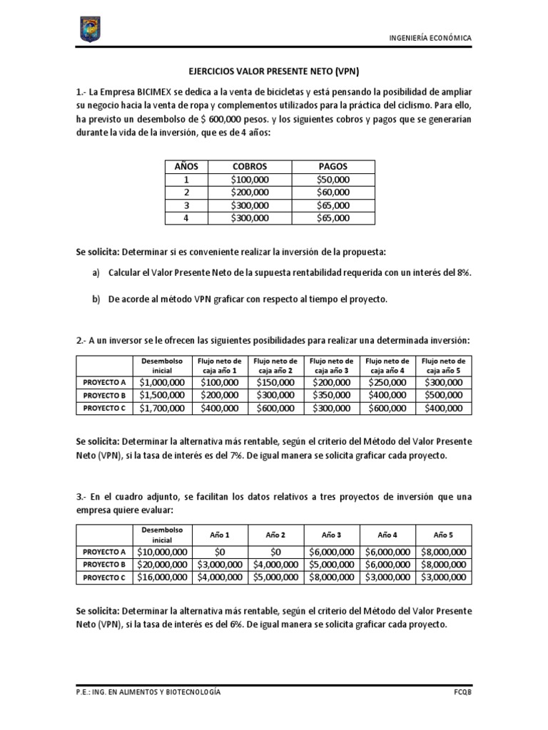 Ejercicios de Valor Presente Neto (VPN) | PDF | Valor presente neto ...