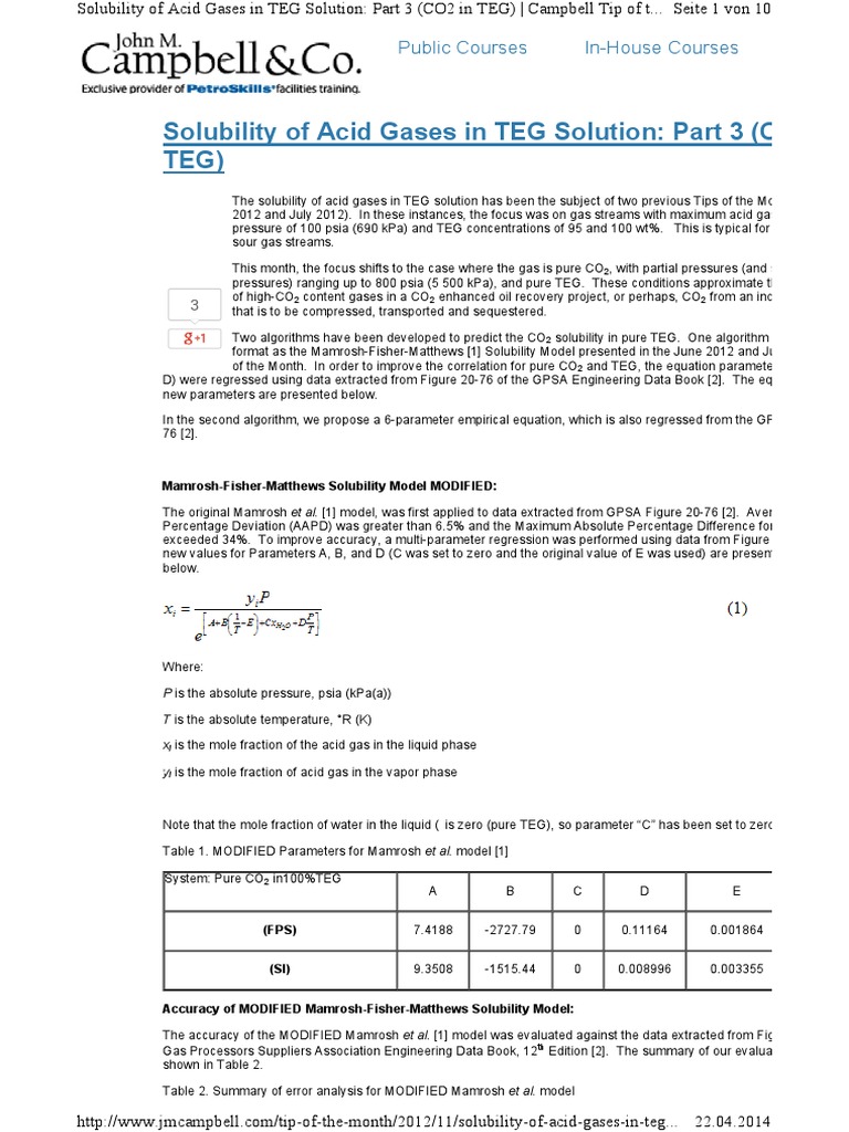 Solubility Of Acid Gases In Teg Solution 3 Pdf Solubility Gases
