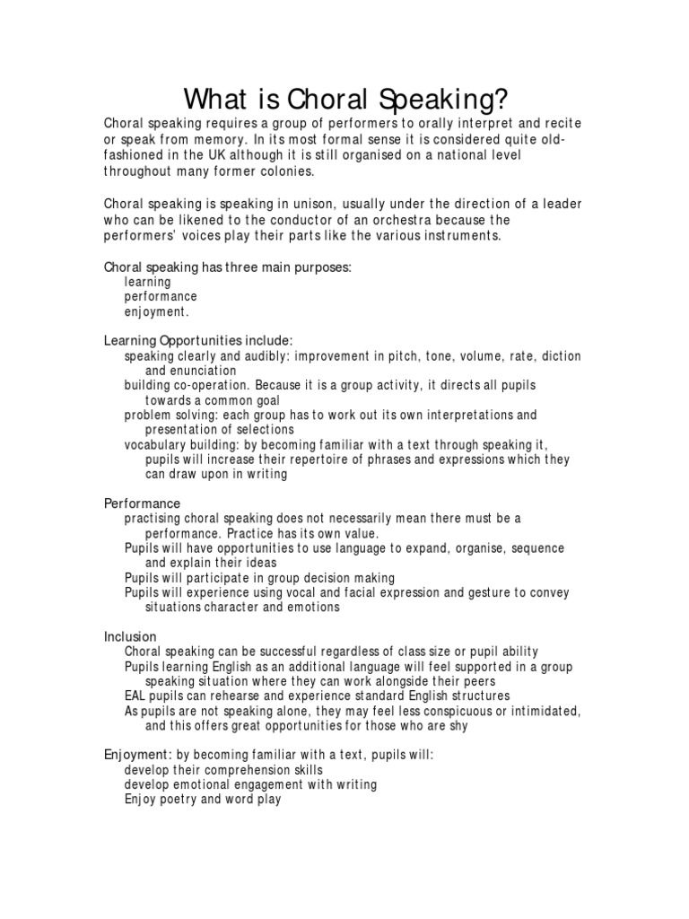 What Is Choral Speaking PDF Singing Choir