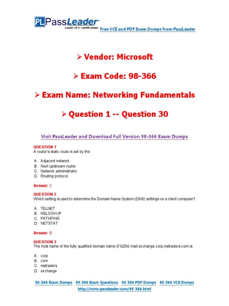 Vendor Microsoft Exam Code 98366 Exam Name Networking Fundamentals Question 1 Question 30