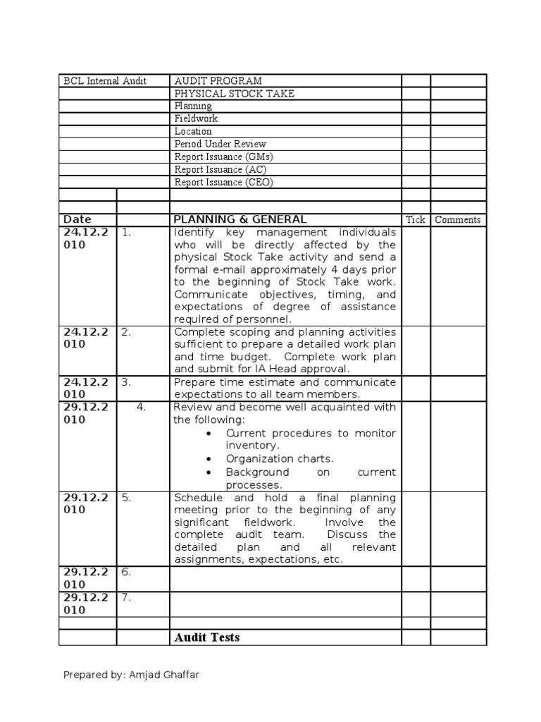 AG Physical Stock Take Audit Program PDF Internal Control Inventory