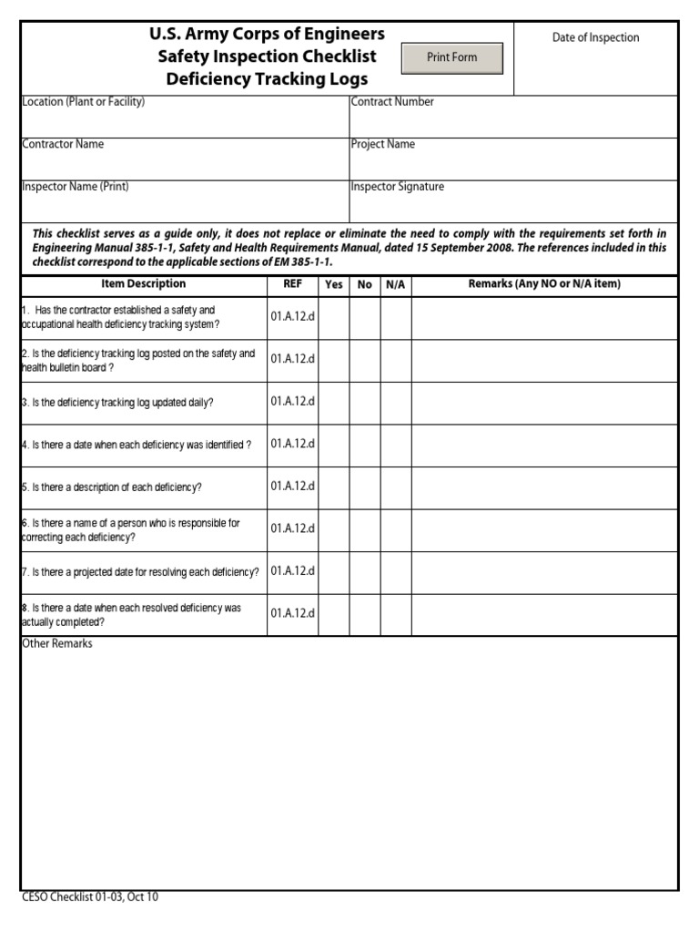 Safety Inspection Deficiency Checklist | PDF | Computers | Technology ...