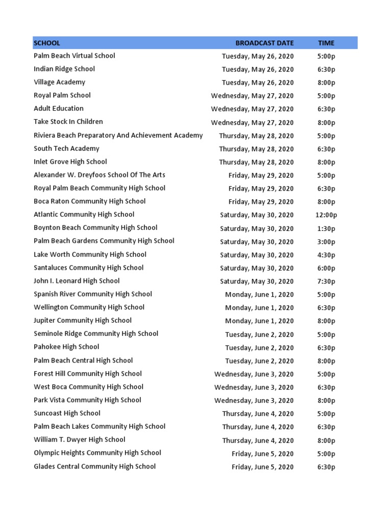 Virtual graduation schedule for School District of Palm Beach County