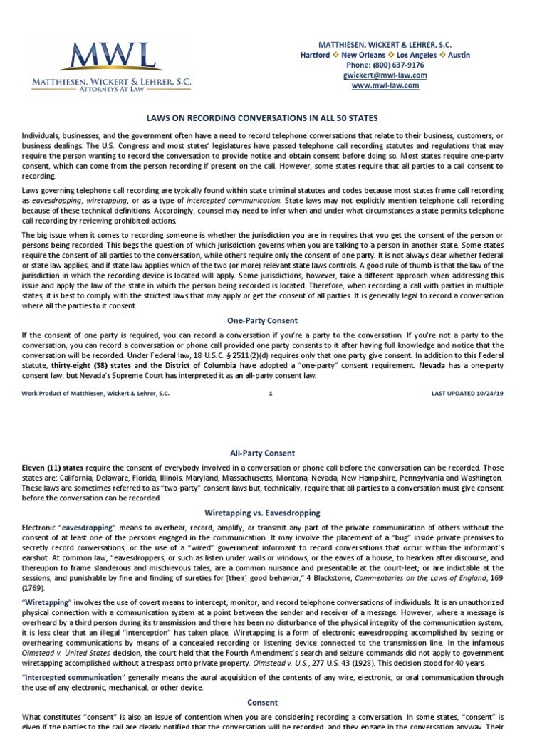 Recording Conversations: State Laws Guide | PDF | Telephone Tapping ...