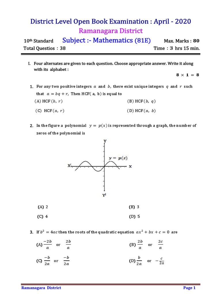 Subject:-Mathematics: District Level Open Book Examination: April ...