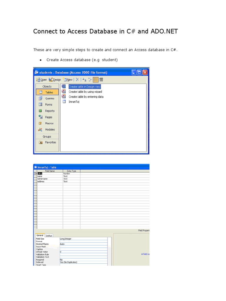 Connect to access database in csharp pdf