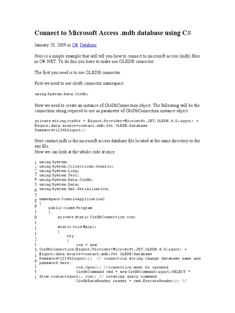 Connect C# to Access Database | PDF | Computers