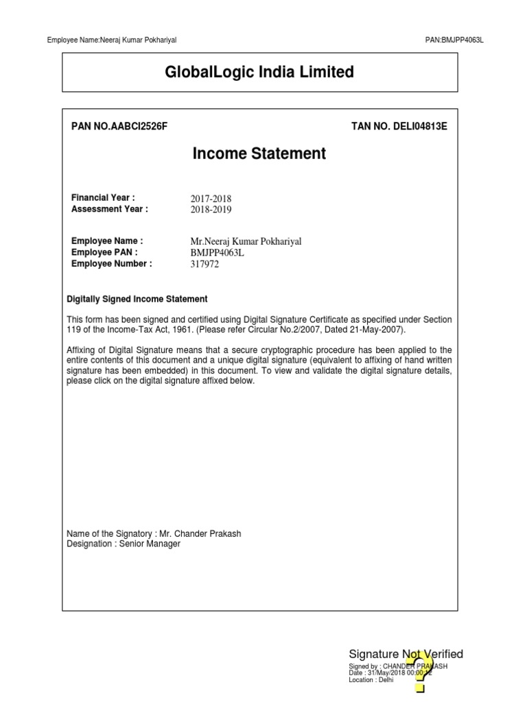 Globallogic India Limited Pan No Aabci2526F Tan No. Deli04813E PDF