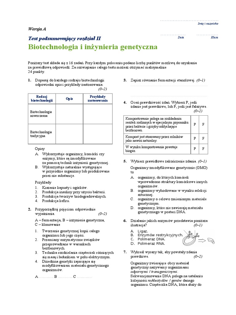 Biologia Biotechnologia I Inżynieria Genetyczna Odpowiedzi