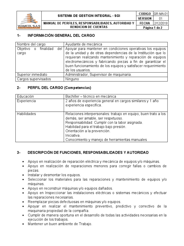 GR-MA-01-Manual de Perfiles y Funciones Ayudante de Mecanica | PDF ...