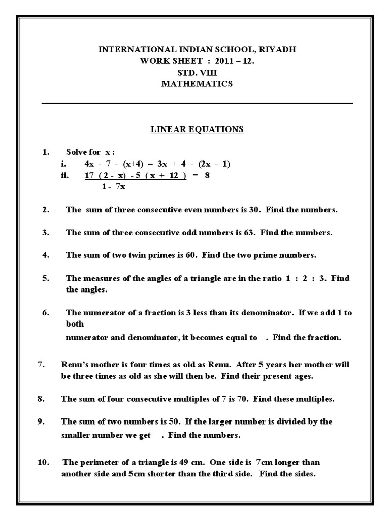 CBSE Class 25 Linear Equations in One Variable Worksheet  PDF Throughout Linear Equation Worksheet Pdf