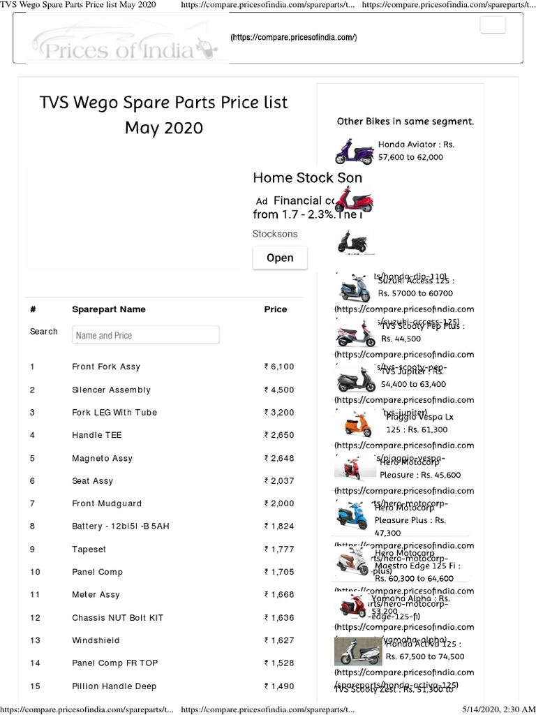 TVS Wego Spare Parts Price List May 2020 PDF PDF Carburetor Clutch