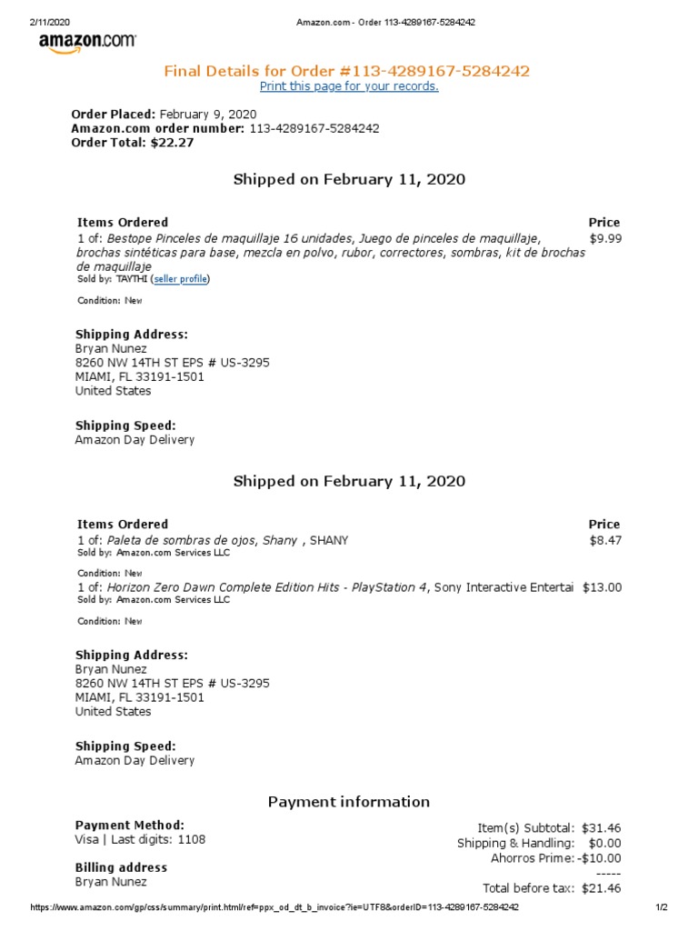 Order 113-4289167-5284242 PDF | PDF | Visa Inc. | Payments