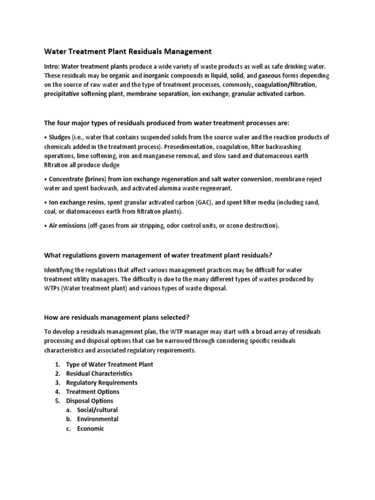 Water Treatment Plant Residuals Management PDF