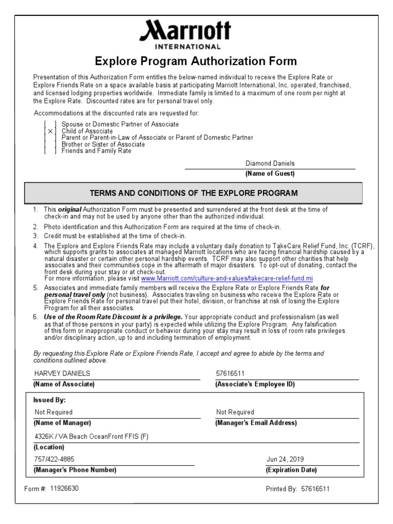 Marriott Explore Program Authorization Form Verification - Form example ...