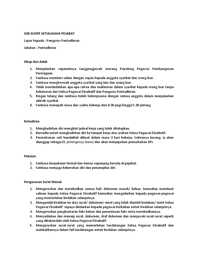 Job Scope Setiausaha Pejabat Pdf