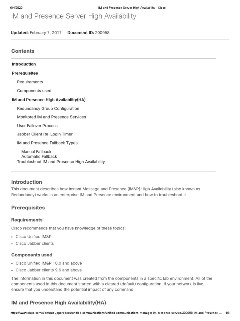 IM and Presence Server High Availability - Cisco PDF | PDF | Session ...