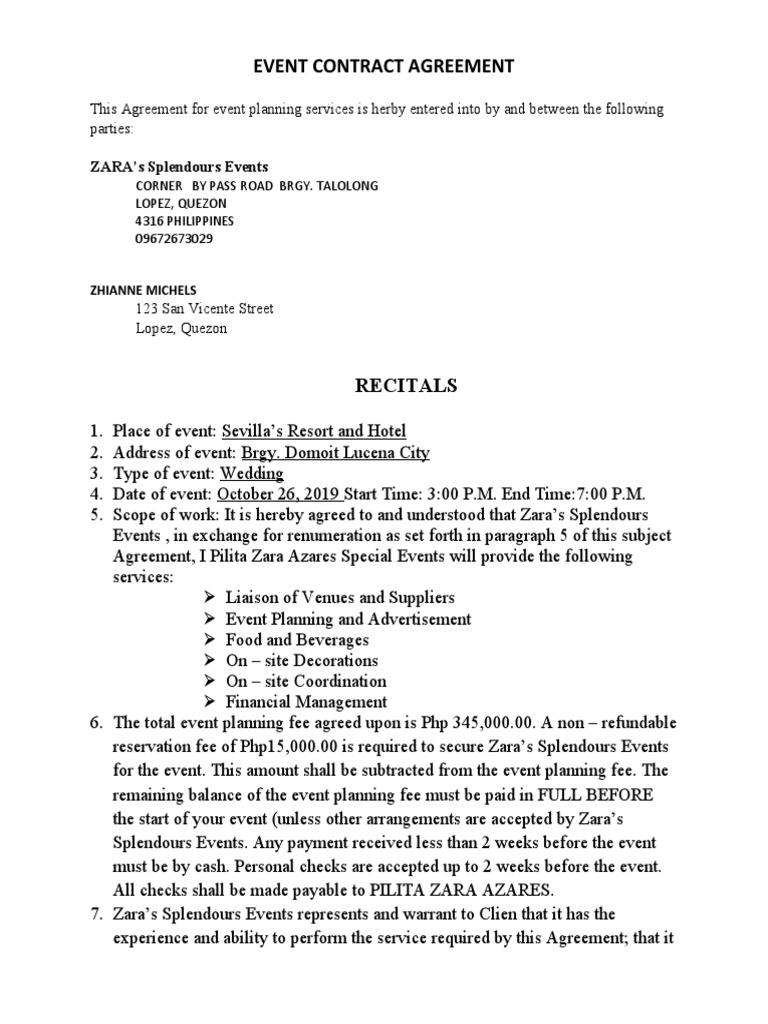 Wedding Event Contract Agreement | PDF | Damages | Fee