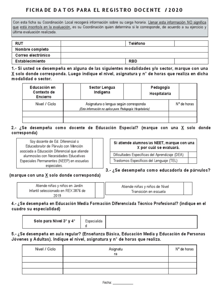 Ficha de Datos para El Registro Docente | PDF | Educación de la primera ...