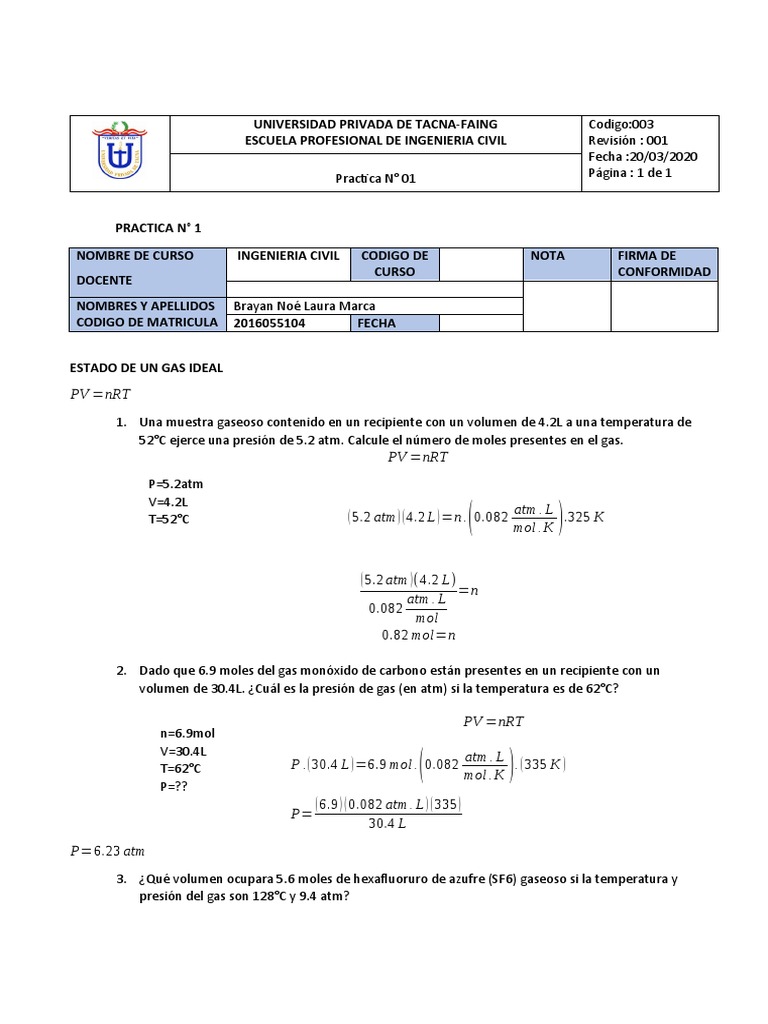 Estado de un gas ideal y cálculos | PDF | Gases | Mole (Unidad)