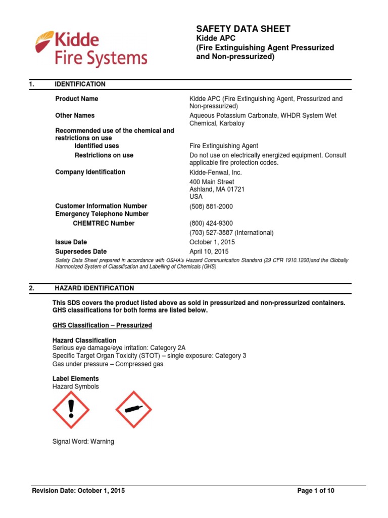 SDS Kidde APC Wet Chemical EN PDF Toxicity Occupational