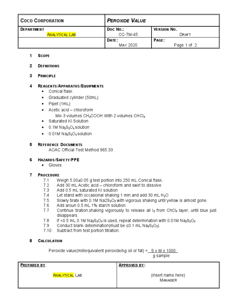 Determination of Peroxide Value Through Iodometric Titration A Standard Laboratory Method for