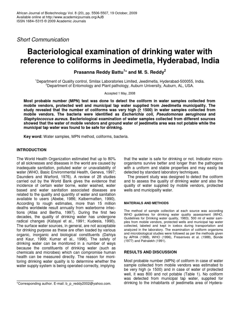Bacteriological Examination of Drinking Water, Hyderabad | PDF ...