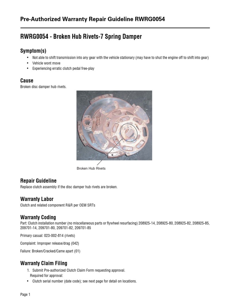 RWRG0054 - Broken Hub Rivets-7 Spring Damper: Pre-Authorized Warranty ...