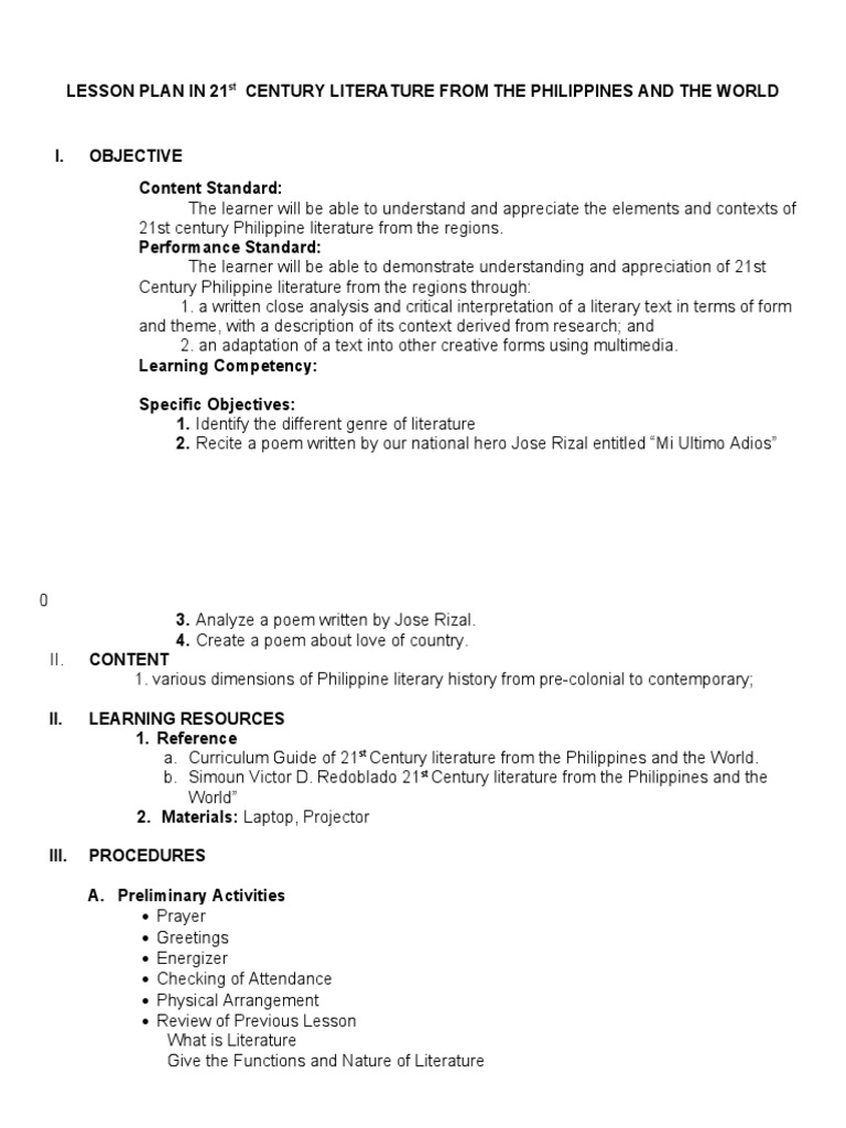 21st Century Literature Lesson Plan | PDF | Poetry | Lesson Plan