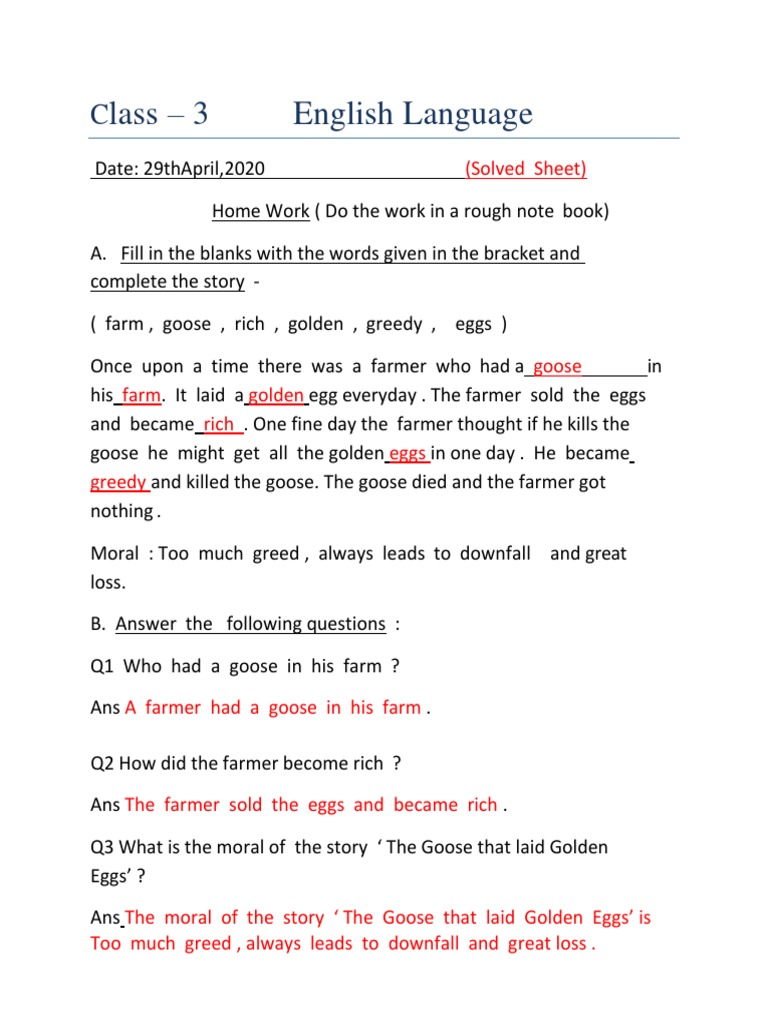 English Language Story 29th April Solved Sheet Class 3 Pdf