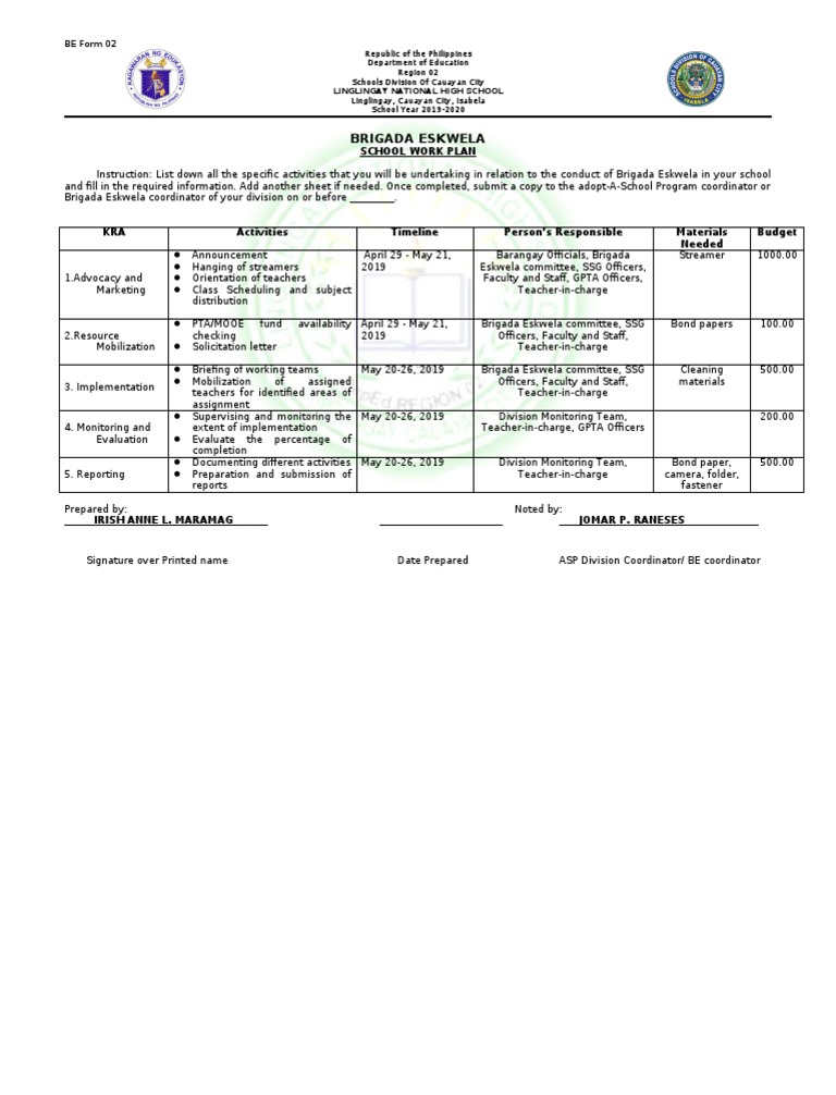 Brigada Eskwela School Work Plan 2019 | PDF | Business