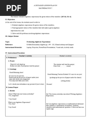 A DETAILED LESSON PLAN IN Algebraic Expression