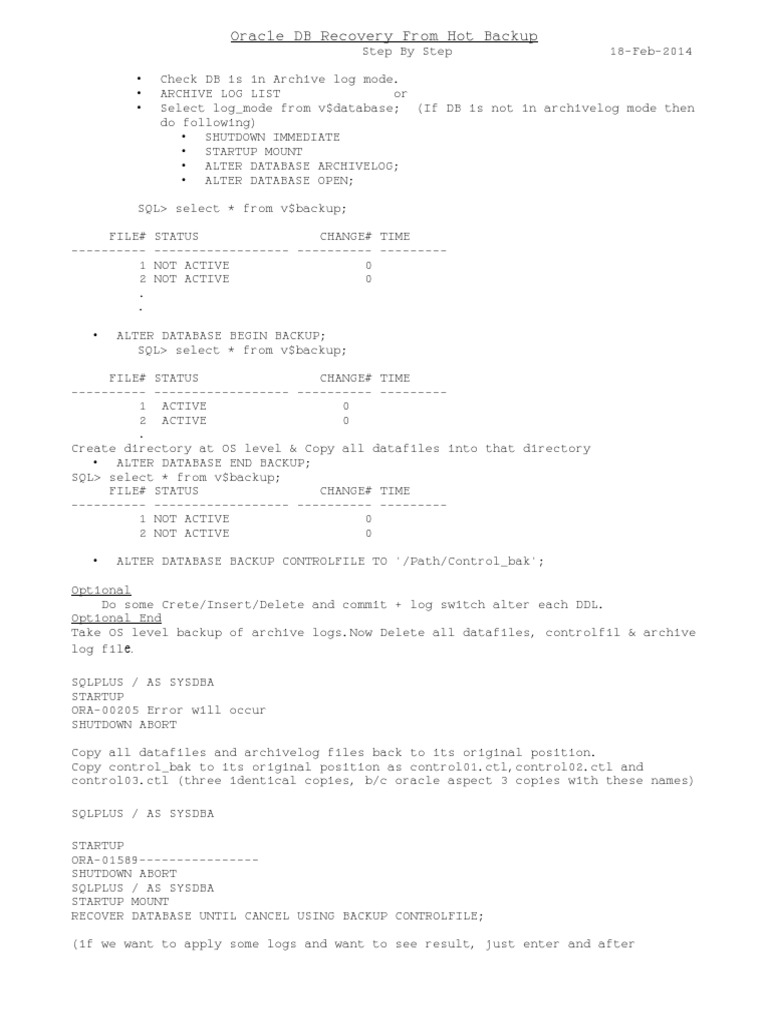 Oracle Hot Backup Recovery Guide | PDF | Computers