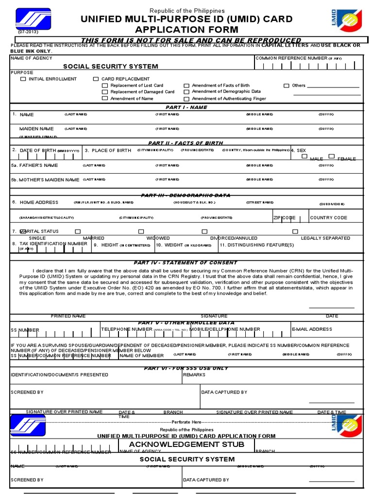 Unified Multi-Purpose Id (Umid) Card Application Form: Social Security ...