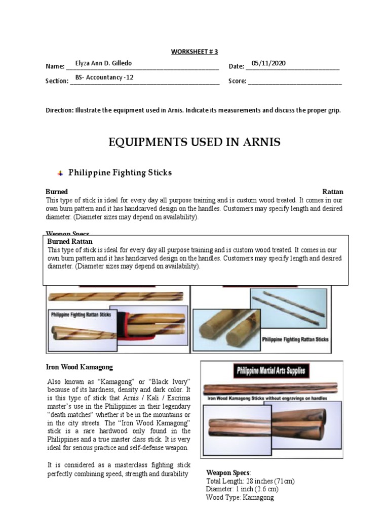 Equipments Used in Arnis Philippine Fighting Sticks PDF Wood Sports
