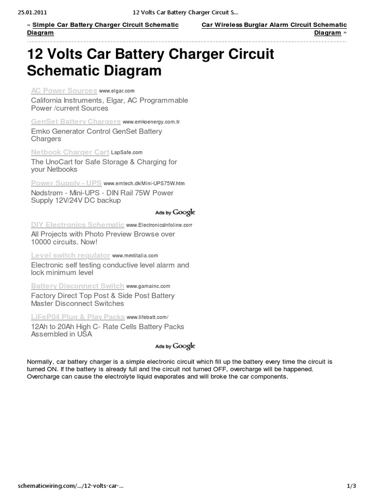 12 Volts Car Battery Charger Circuit Schematic Diagram