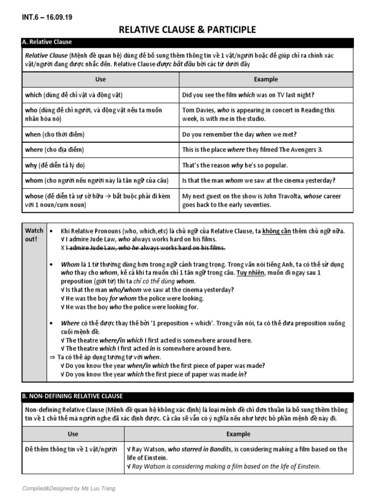 INT.6 - WEEK 11 - GRAMMAR - RELATIVE CLAUSE - LÝ THUYẾT PDF | PDF