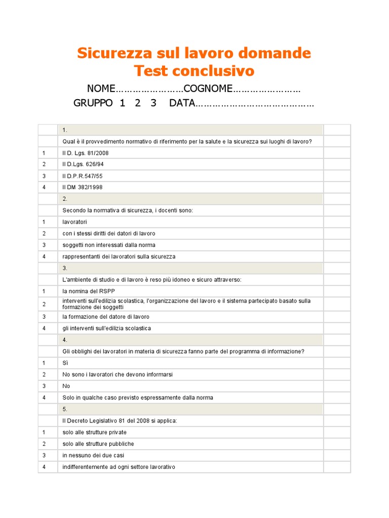 Sicurezza Sul Lavoro Domande Test Conclusivo PDF