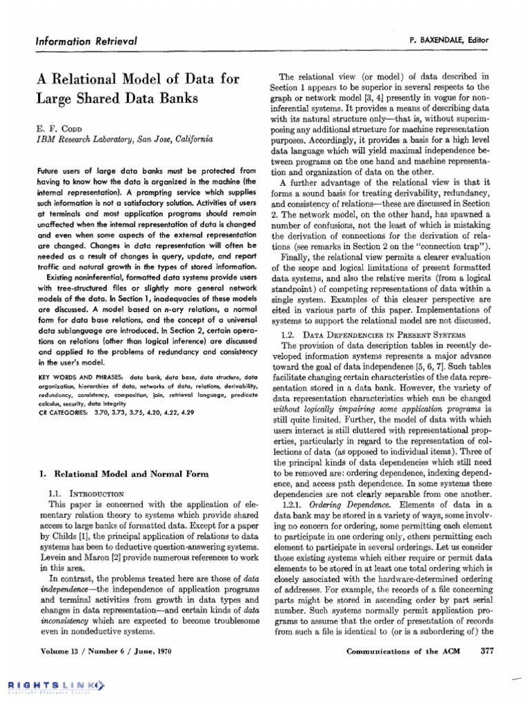 A Relational Model of Data Large Shared Data Banks For | PDF | Database ...
