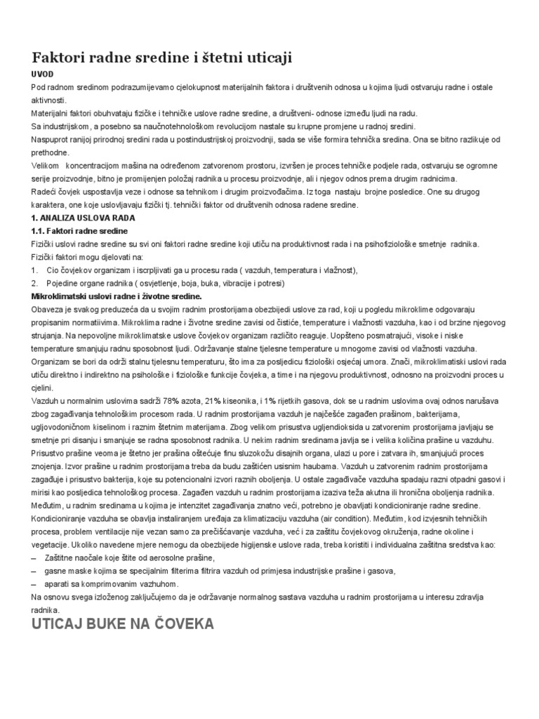 Faktori Radne Sredine I Štetni Uticaji | PDF