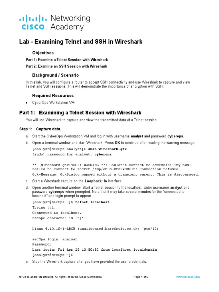 9.1.1.8 Lab - Examining Telnet and SSH in Wireshark | PDF | Secure ...
