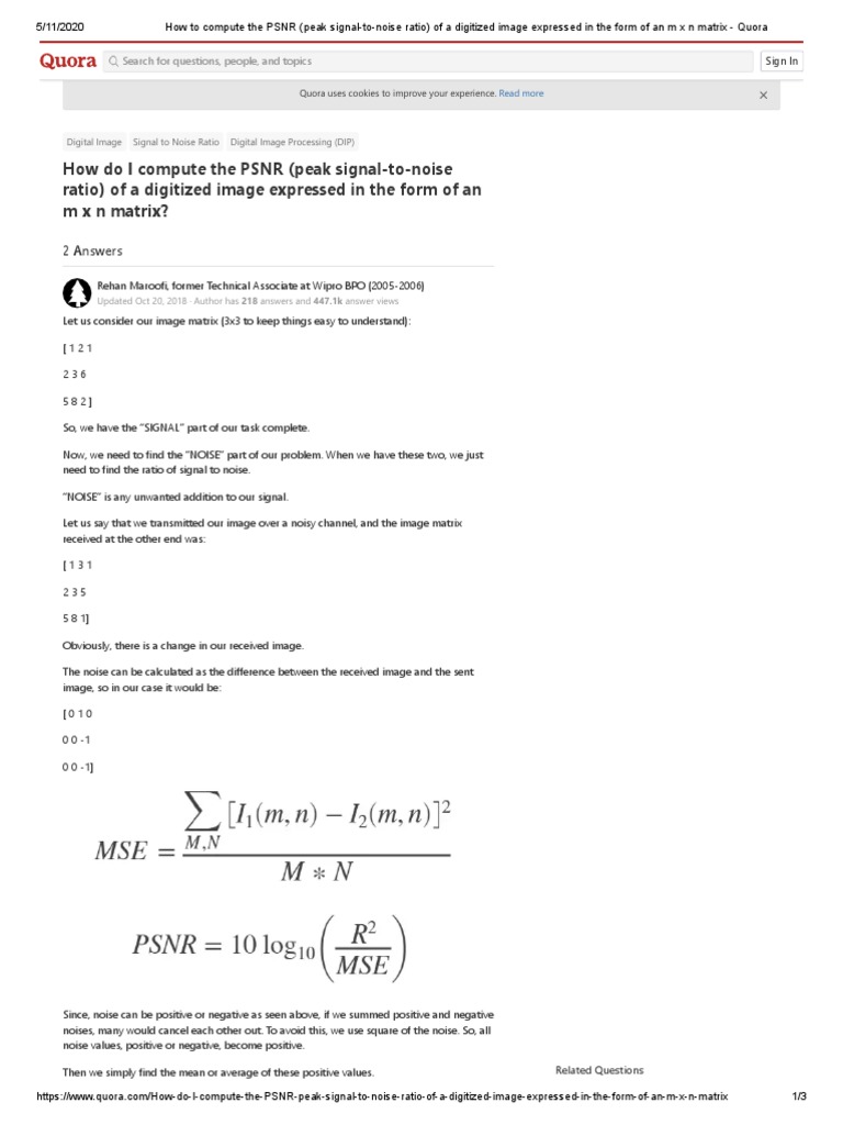 Calculating PSNR for Image Matrices | PDF | Signal To Noise Ratio ...