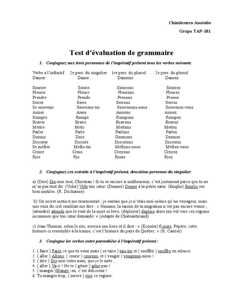 Se Taire Au Présent De L Indicatif Test Du Grammaire | PDF | Conjugaison | Grammaire