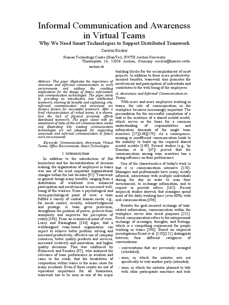 Informal Communication and Awareness in Virtual Teams: Why We Need ...