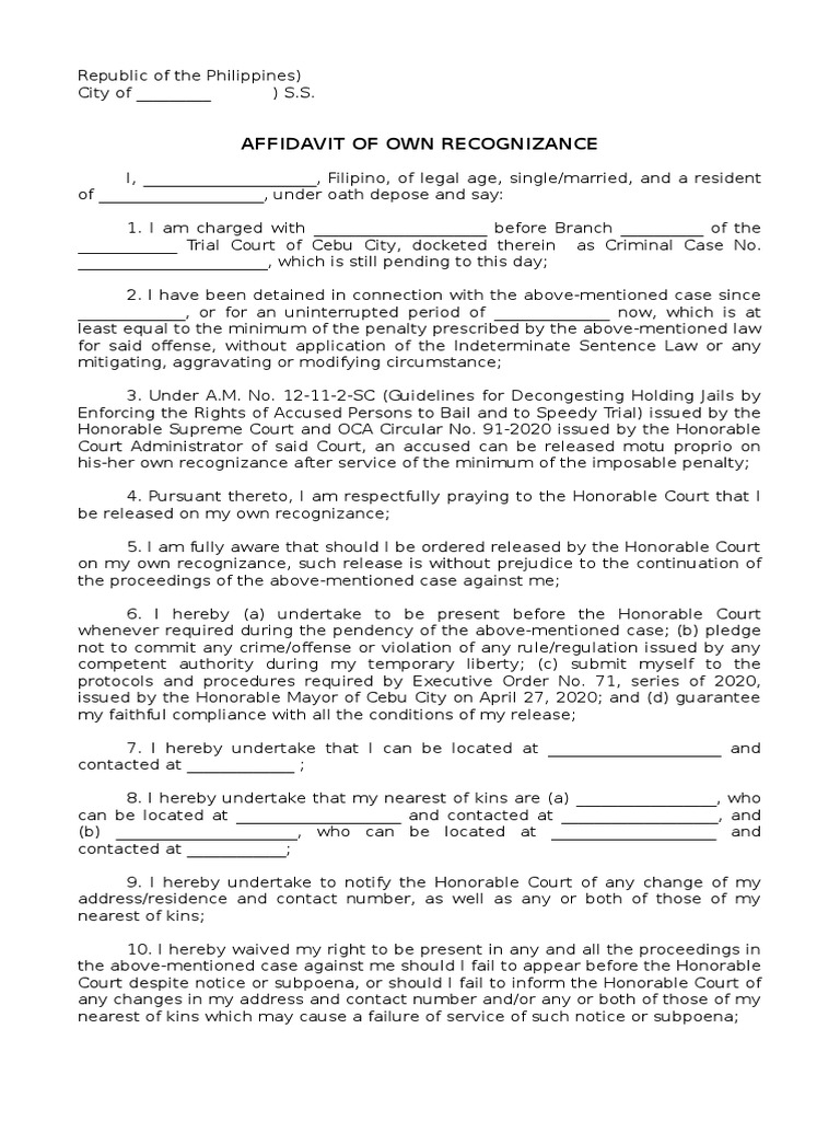 Affidavit of own recognizance sample pdf affidavit crime violence